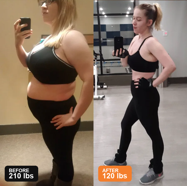 Miriam before at 210 lbs and after at 120 lbs