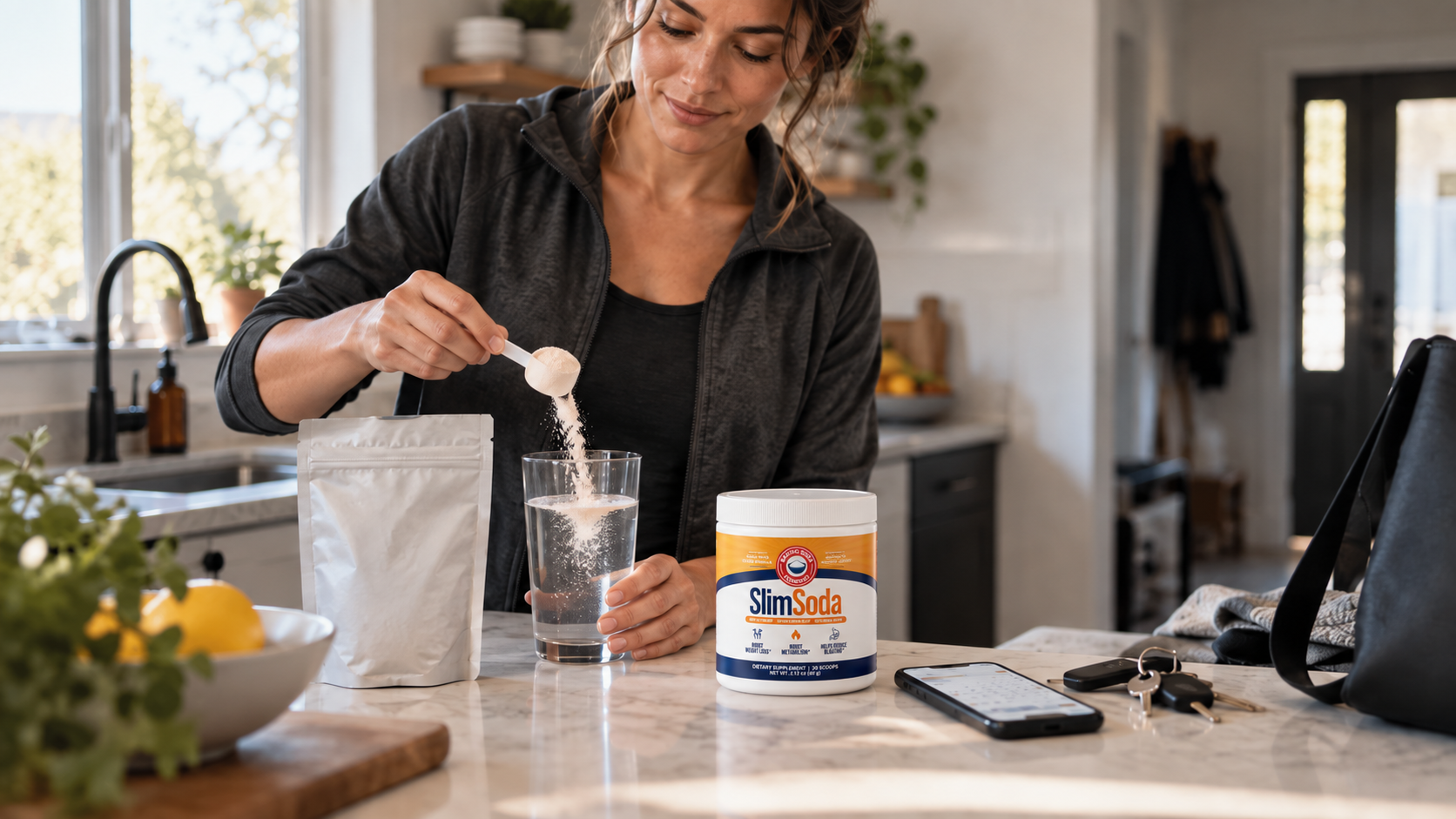 A woman mixing a spoon of powder into a glass of water in her kitchen, with the SlimSoda container on the counter