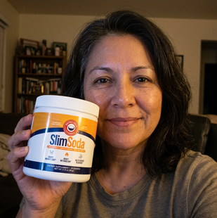 Customer holding a jar of SlimSoda