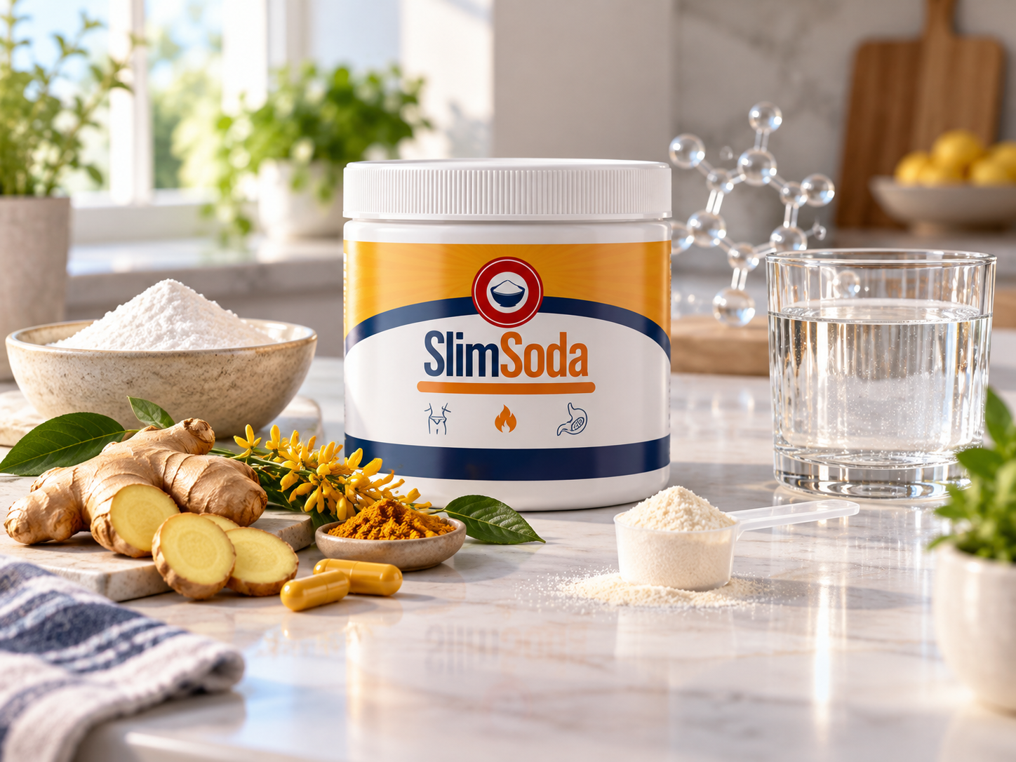 The SlimSoda container on a kitchen counter, surrounded by ginger, turmeric, a scoop of powder, and a glass of water