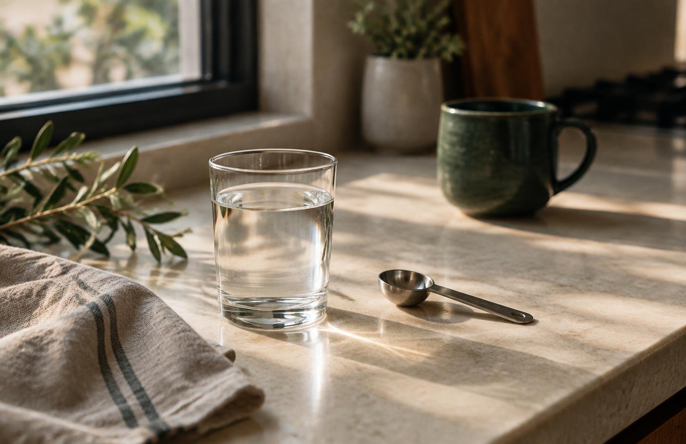 A glass of water and a measuring spoon on a sunlit kitchen counter