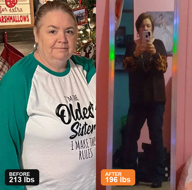 Vicki before at 213 lbs and after at 196 lbs