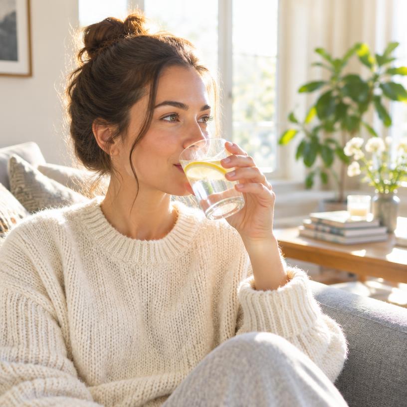 Woman sipping a glass of water in the morning sun